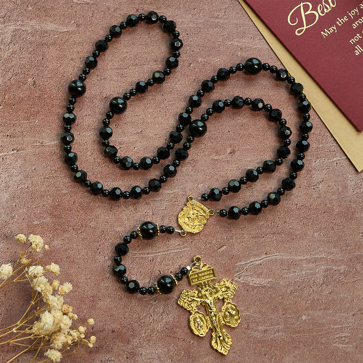 Christianartworkshop St. Michael and Pardon Crucifix of Faceted Black Bead Handmade Rosary - St. Michael & Pardon Crucifix - image 0