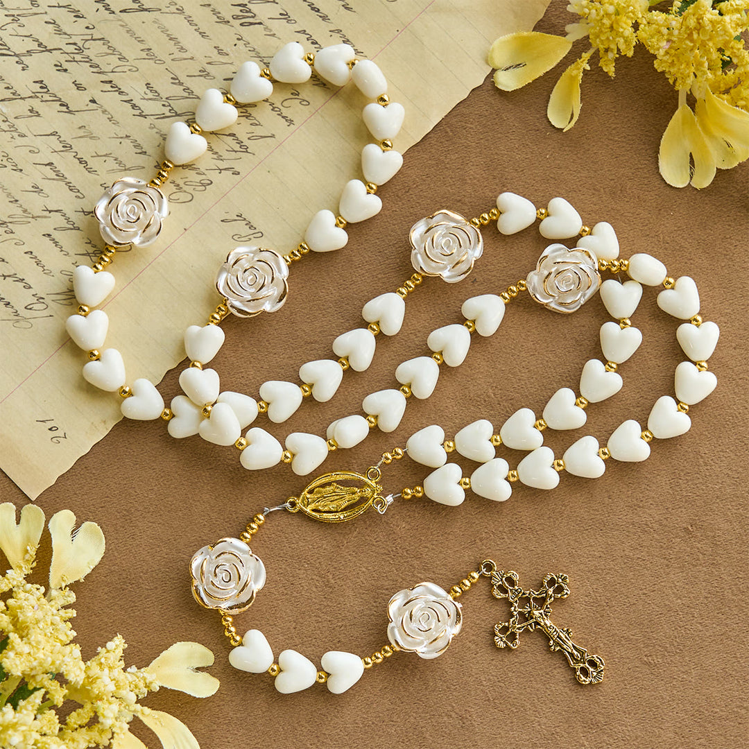 Christianartworkshop 10mm Luminous Heart and White Rose Rosary: Mary's Gentle Protection - Luminous Heart Beads - image 0
