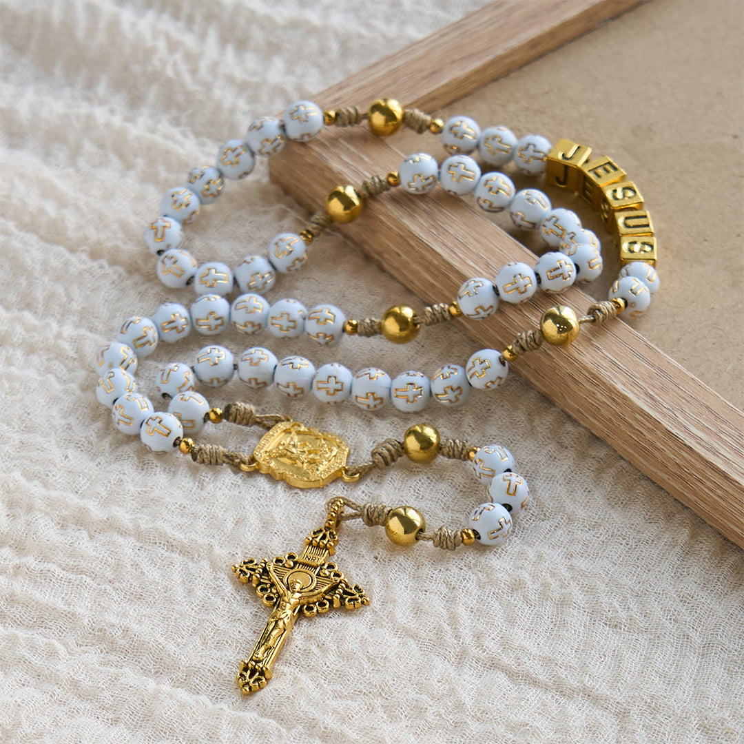 Christianartworkshop Ivory Golden Cross Beads Prayer Rosary with St. Michael & Personalized JESUS Letter - image 4