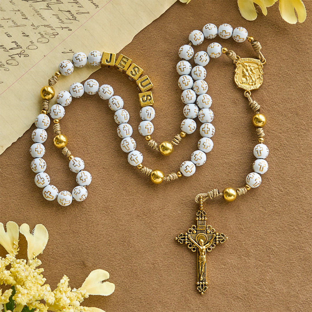 Christianartworkshop Ivory Golden Cross Beads Prayer Rosary with St. Michael & Personalized JESUS Letter - JESUS (No Custom) - image 0