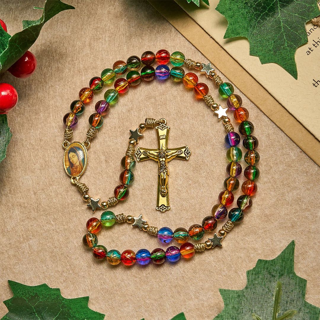 Christianartworkshop Festive Joy Colorful Clear Beads and Star Accents Christmas Rosary: Follow the Holy Light - Christmas Rosary - image 0