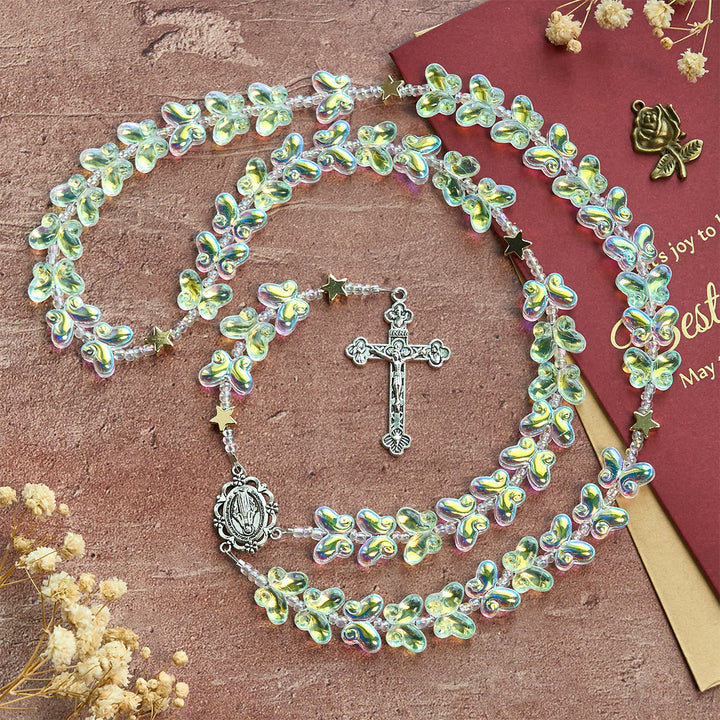 Christianartworkshop Starry Sky Shimmering Green Butterfly with Miraculous Medal Animal Rosary - Butterfly Rosary - image 0