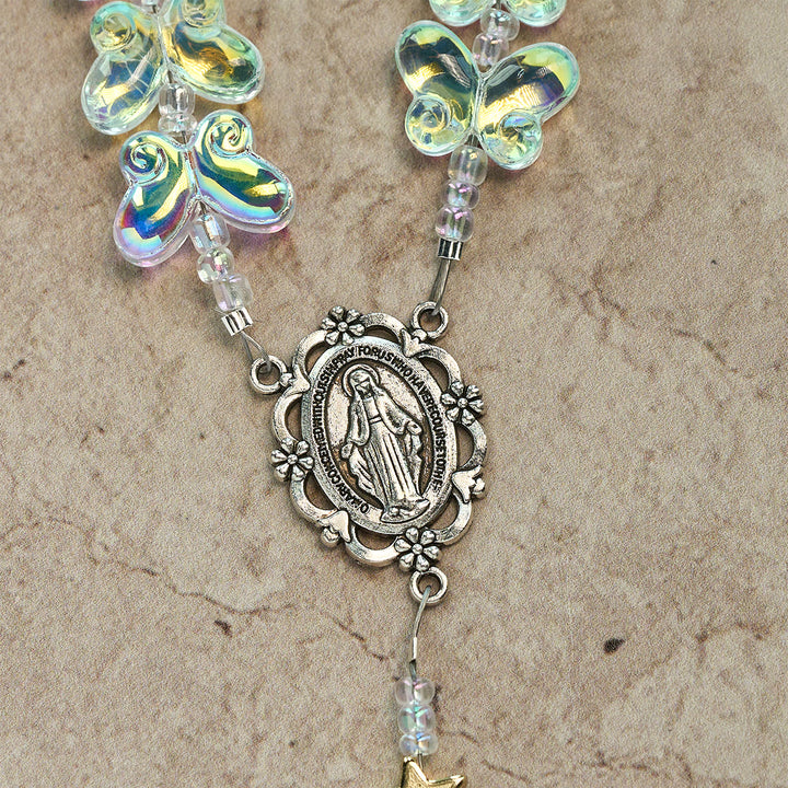 Christianartworkshop Starry Sky Shimmering Green Butterfly with Miraculous Medal Animal Rosary - image 8