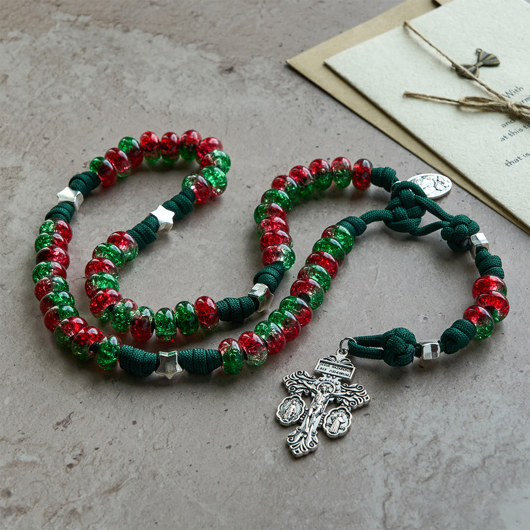 Christianartworkshop Holy Family Blessing Christmas Paracord Rosary with Glossy Red Green Beads - image 7