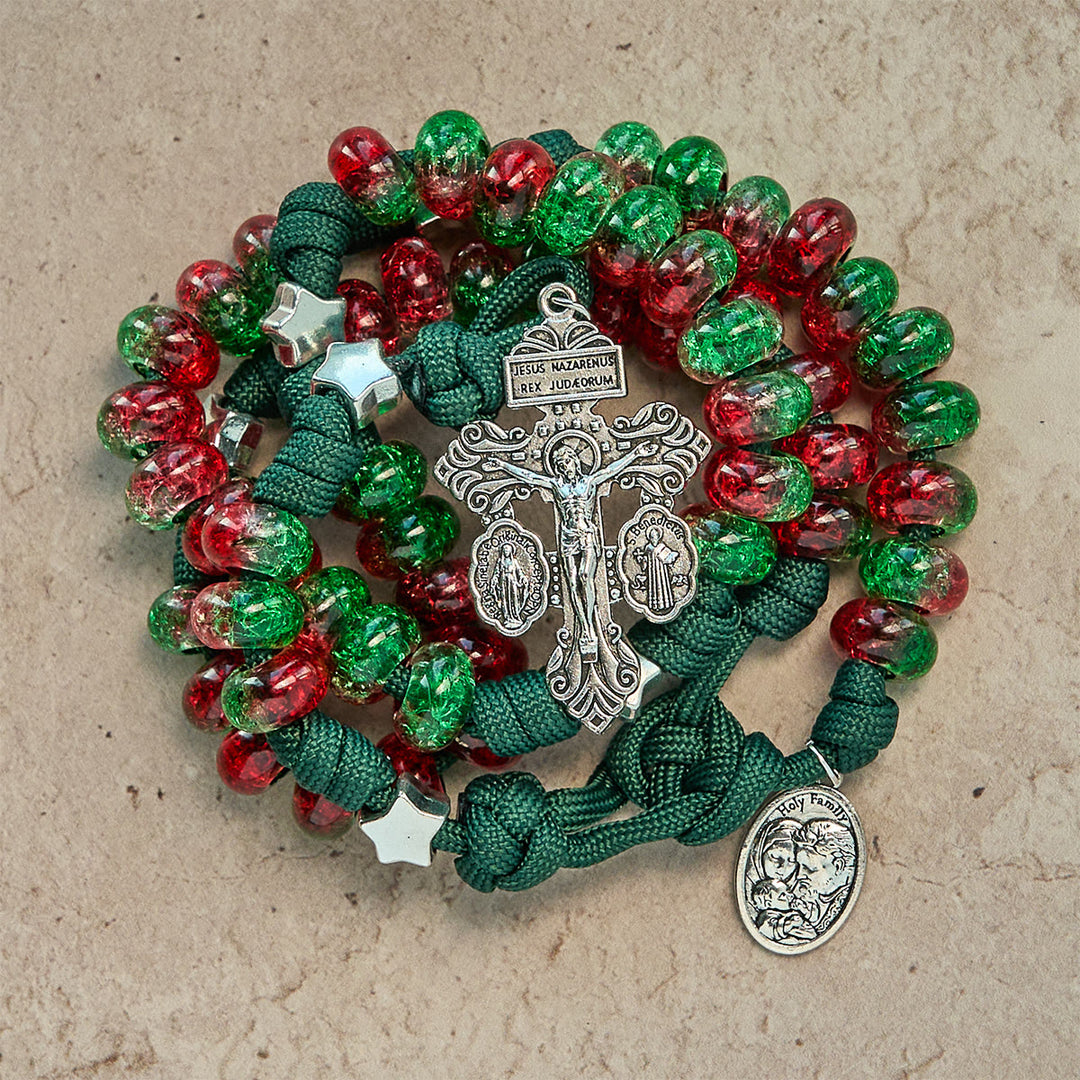 Christianartworkshop Holy Family Blessing Christmas Paracord Rosary with Glossy Red Green Beads - image 1