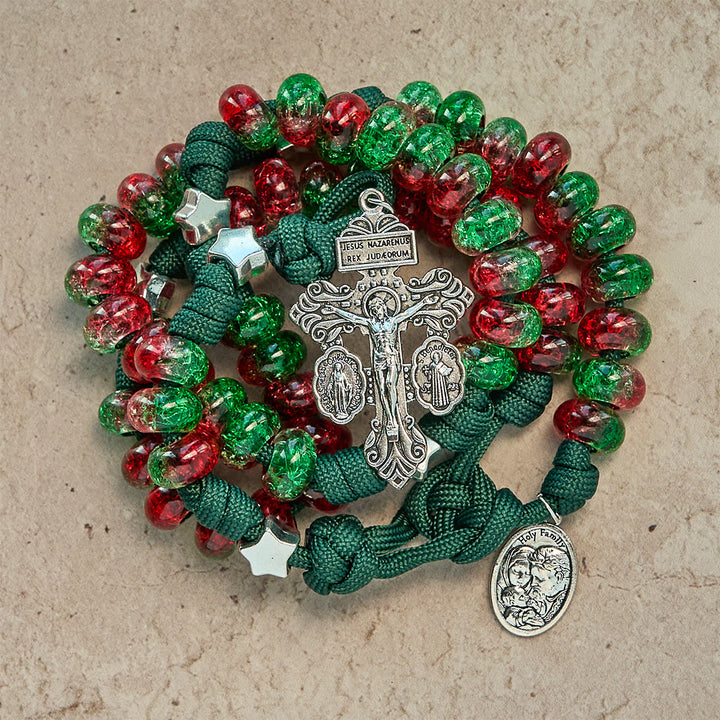 Christianartworkshop Holy Family Blessing Christmas Paracord Rosary with Glossy Red Green Beads - image 1