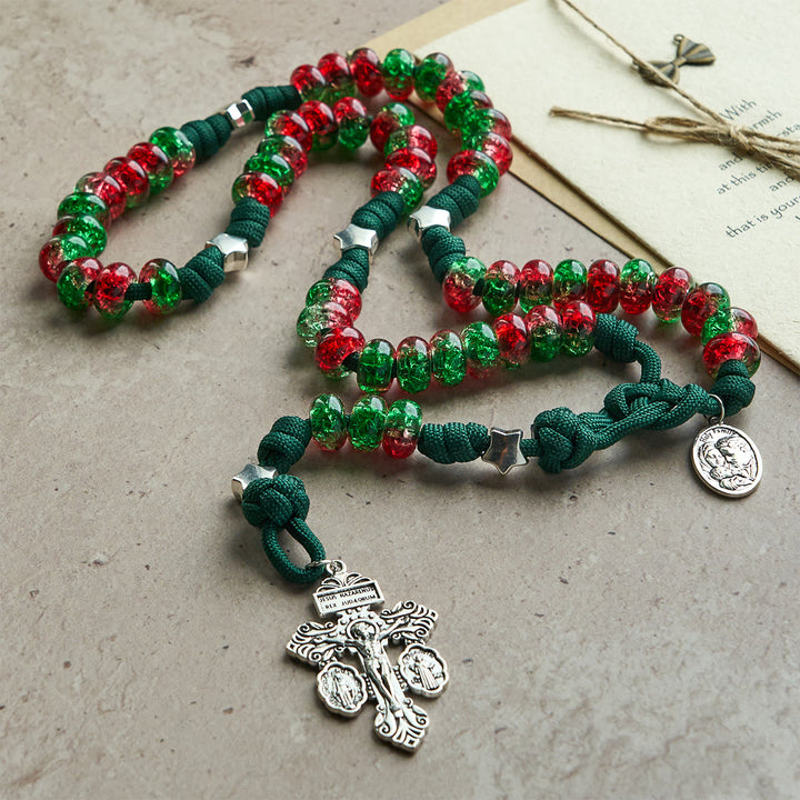 Christianartworkshop Holy Family Blessing Christmas Paracord Rosary with Glossy Red Green Beads - image 6