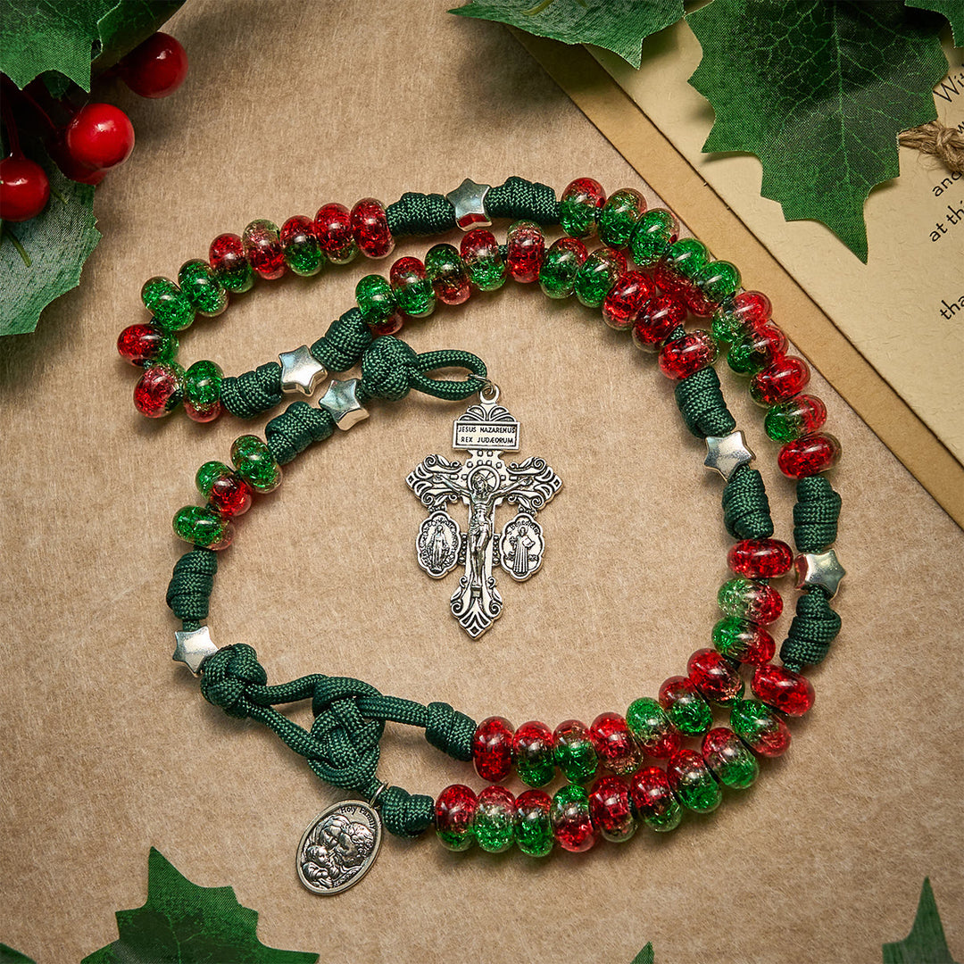 Christianartworkshop Holy Family Blessing Christmas Paracord Rosary with Glossy Red Green Beads - Christmas Rosary - image 0
