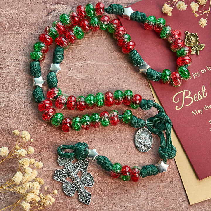 Christianartworkshop Holy Family Blessing Christmas Paracord Rosary with Glossy Red Green Beads - image 2