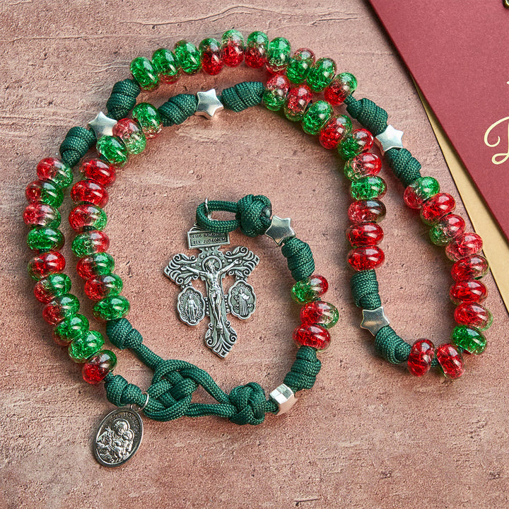 Christianartworkshop Holy Family Blessing Christmas Paracord Rosary with Glossy Red Green Beads - image 3