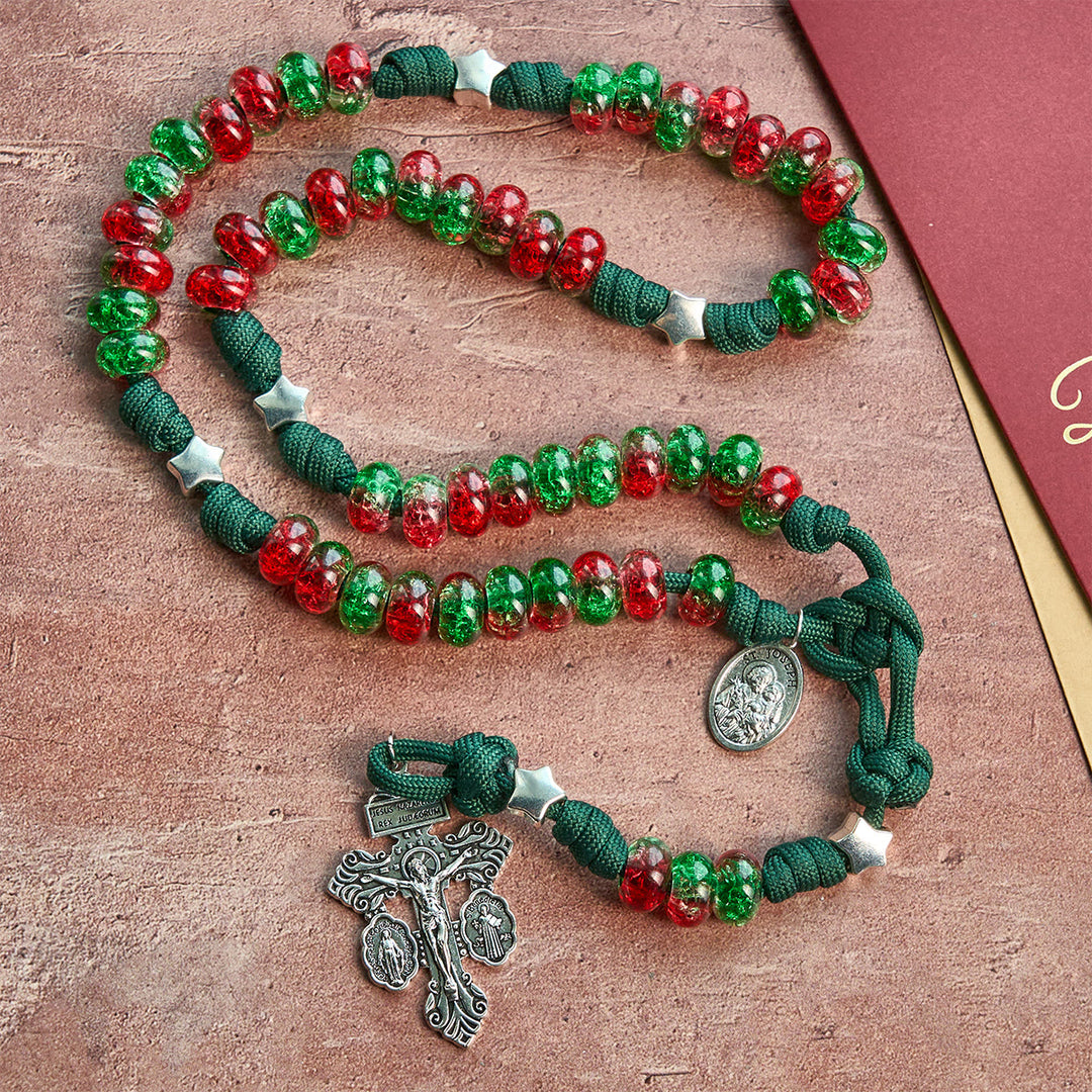 Christianartworkshop Holy Family Blessing Christmas Paracord Rosary with Glossy Red Green Beads - image 4