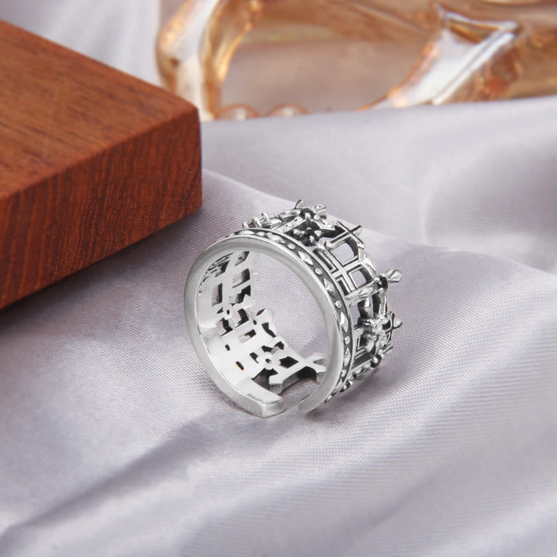 Christianartworkshop 925 Sterling Gothic Lattice Cross Crown Ring with Church Motifs - image 3