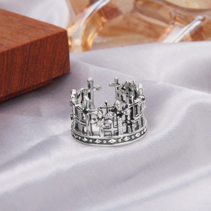 Christianartworkshop 925 Sterling Gothic Lattice Cross Crown Ring with Church Motifs - image 2