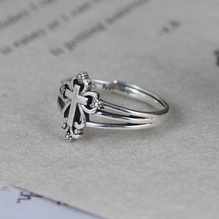 Christianartworkshop Cathedral Style Sterling Ornate Cross Ring with Floral Scrolls - image 2