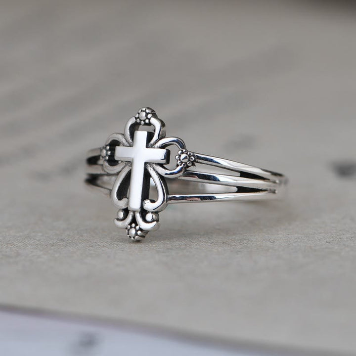 Christianartworkshop Cathedral Style Sterling Ornate Cross Ring with Floral Scrolls - S925 - image 0