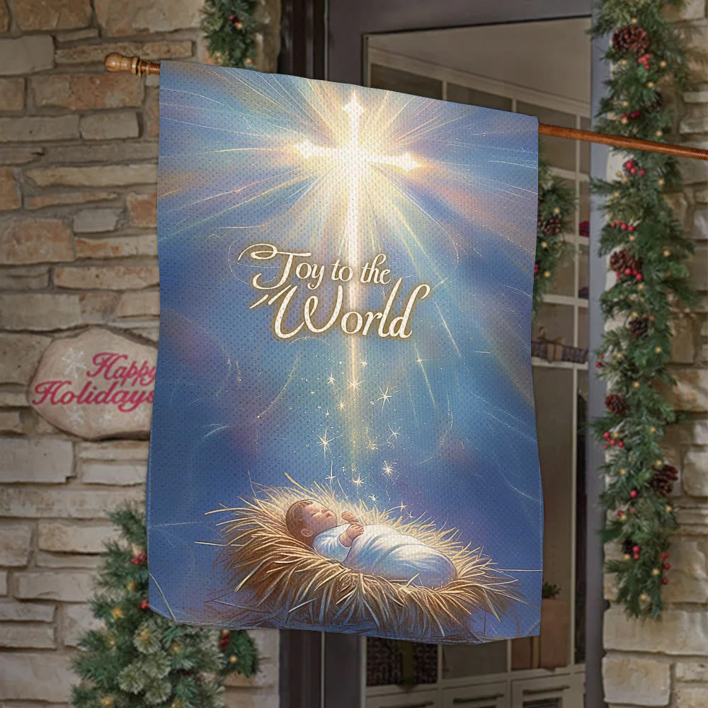 Christianartworkshop Blue - Toned Joy to the World Nativity Garden Flag with Glowing Cross - 90×150cm (3×5 ft.) - image 0