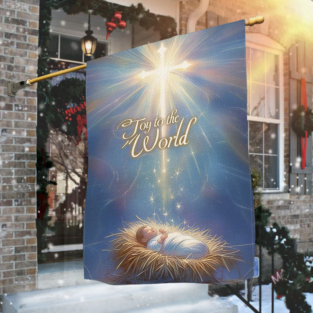 Christianartworkshop Blue - Toned Joy to the World Nativity Garden Flag with Glowing Cross - image 1