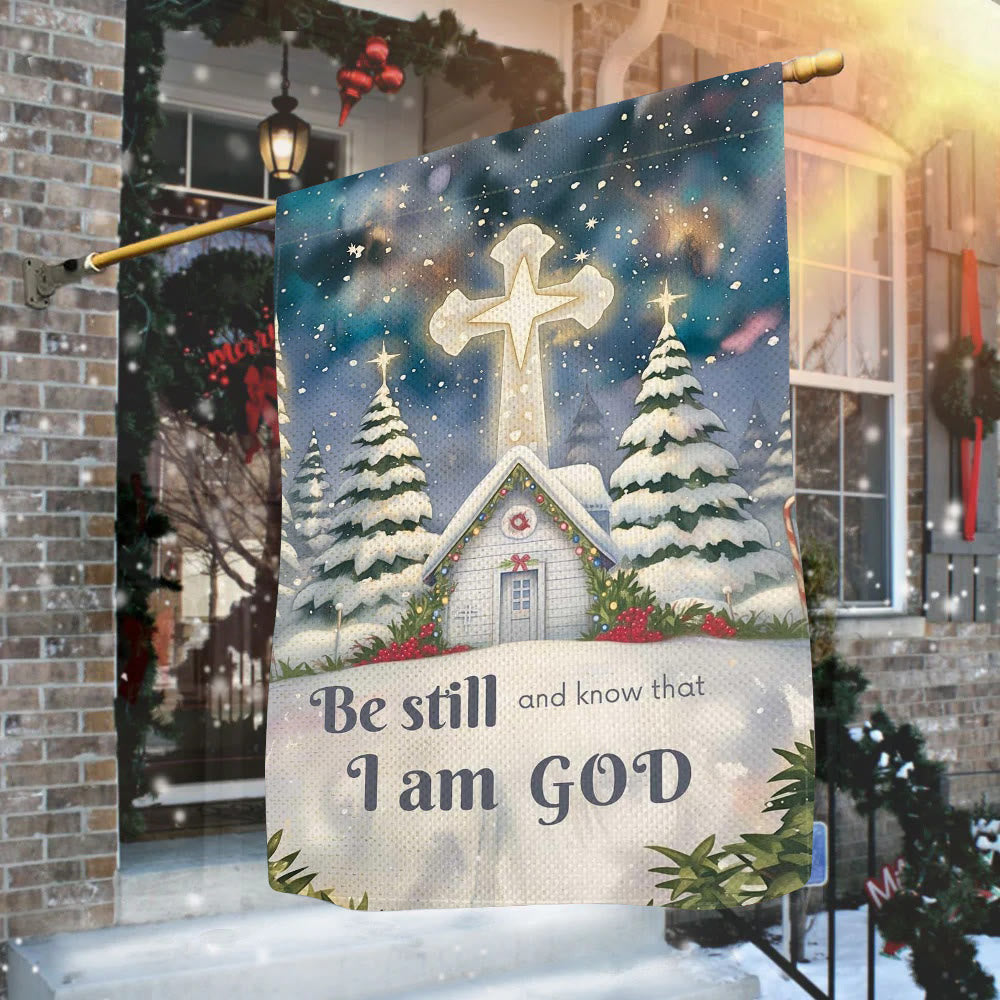 Christianartworkshop Winter Snow Scene Church Garden Flag - Be Still and Know That I Am God - image 1