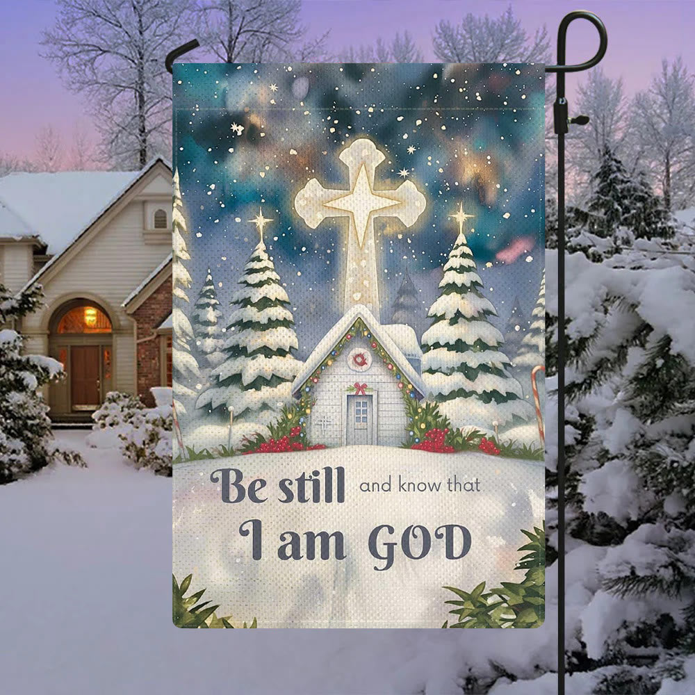 Christianartworkshop Winter Snow Scene Church Garden Flag - Be Still and Know That I Am God - 90×150cm (3×5 ft.) - image 0