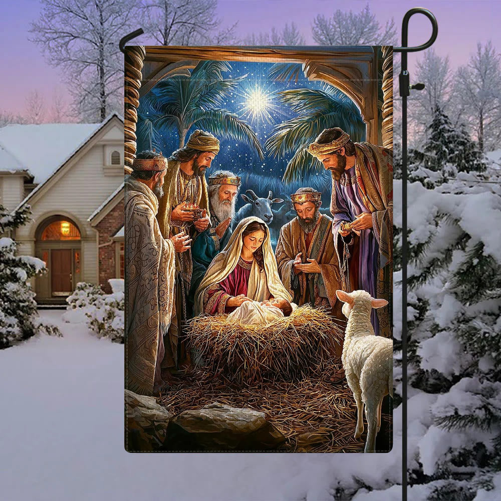 Christianartworkshop Sacred Atmosphere Nativity Garden Flag: Three Wise Men & Baby Jesus - 90×150cm (3×5 ft.) - image 0