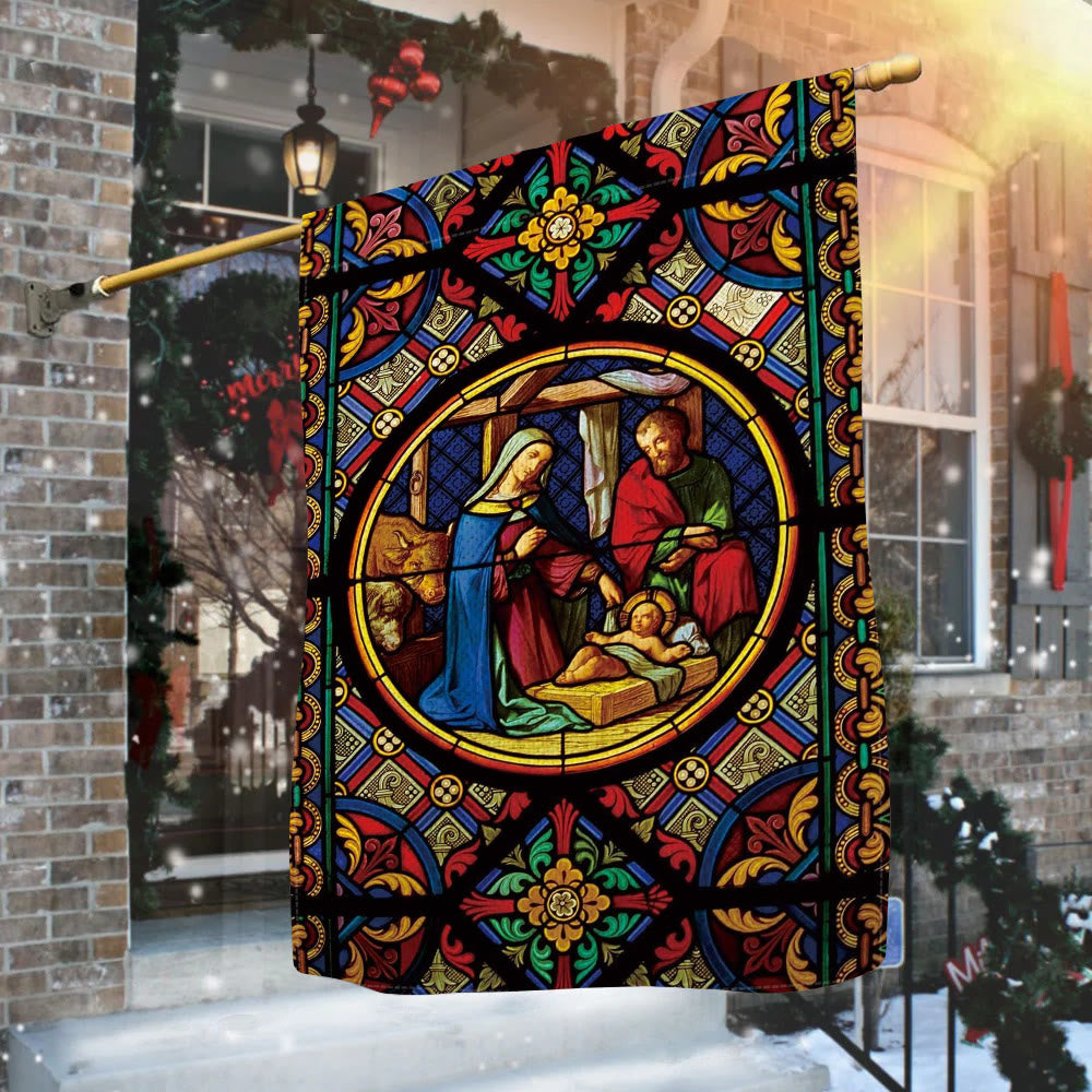 Christianartworkshop Ornate Stained Nativity Garden Flag with Holy Family & Divine Colors - image 1
