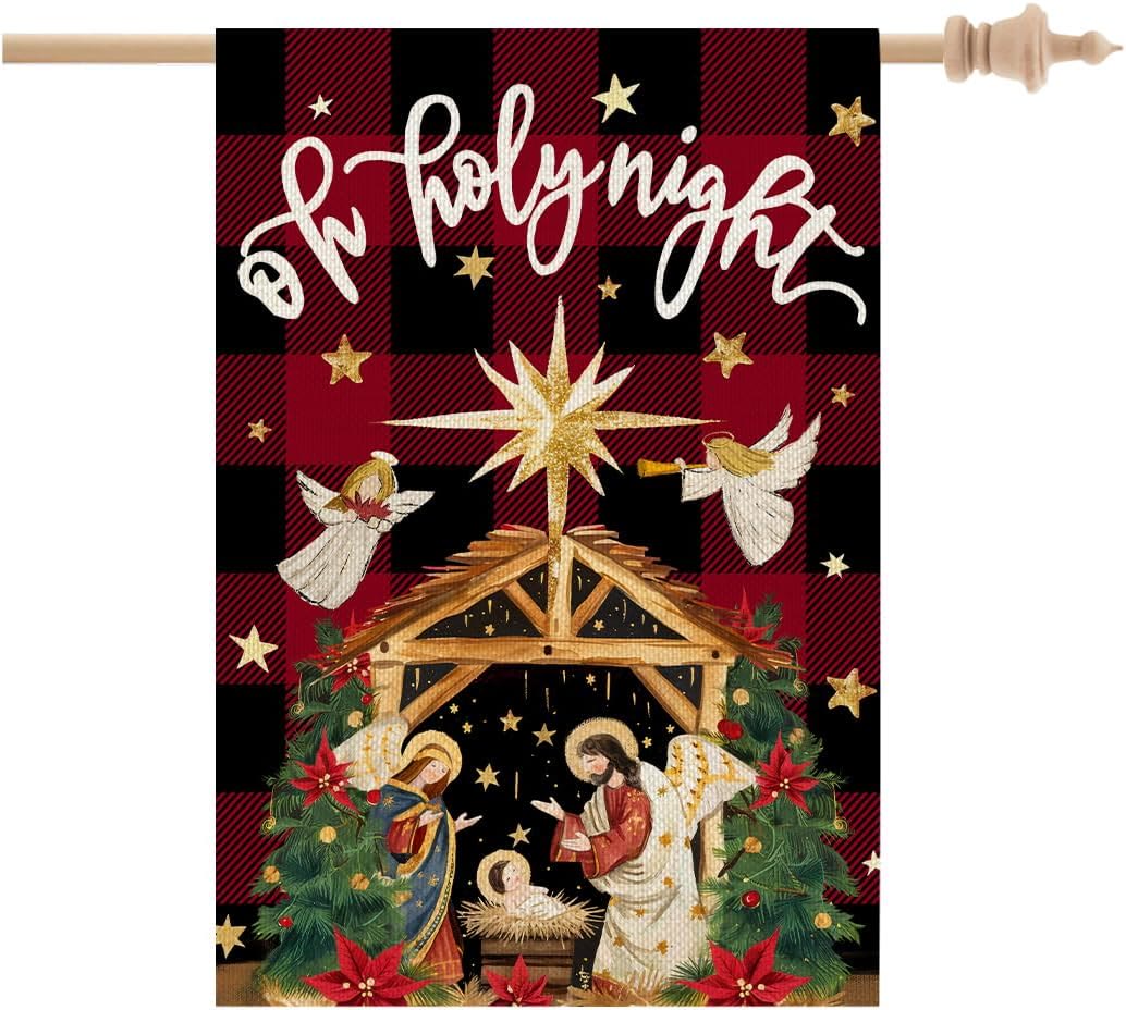 Christianartworkshop Traditional O Holy Night Buffalo Plaid Nativity Garden Flag with Angels - image 6