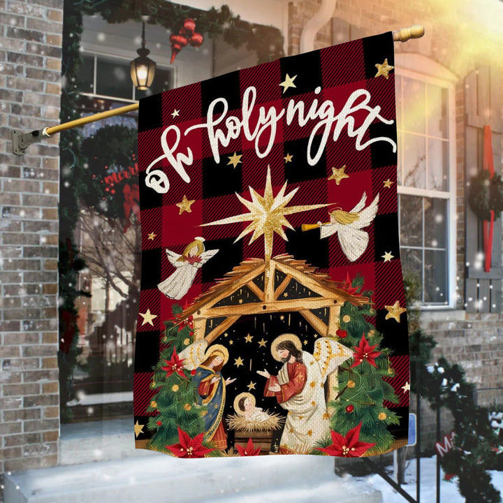 Christianartworkshop Traditional O Holy Night Buffalo Plaid Nativity Garden Flag with Angels - image 3