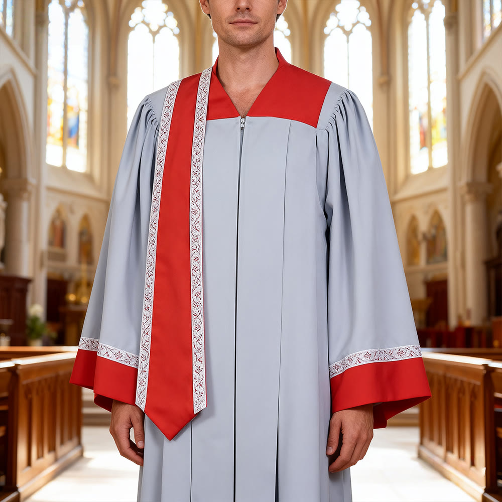 Christianartworkshop Sacred Ceremony Clergy Robe - Gray & Red with Delicate Detailing - Grey with Red Stripes - 3XL - image 0