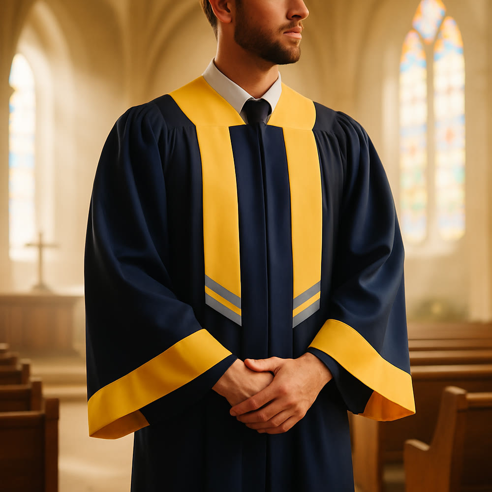 Christianartworkshop Exquisite Navy Clergy Robe with Yellow & Gray Accent Details - Navy Blue - 2XL - image 0