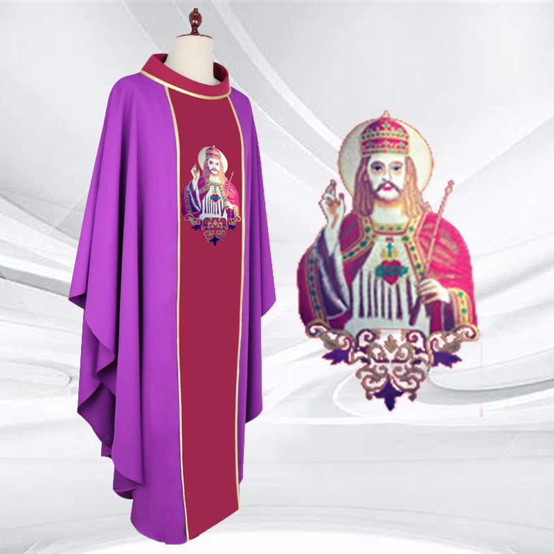 Christianartworkshop Gold - Trimmed Chasuble in Multiple Colors with Catholicism Figure - Purple - One Size FIts Most - image 0