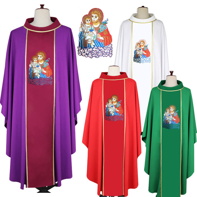 Christianartworkshop Multi - Colored Chasuble with Mary & Jesus Motif & Gold Trim - Red - One Size FIts Most - image 0