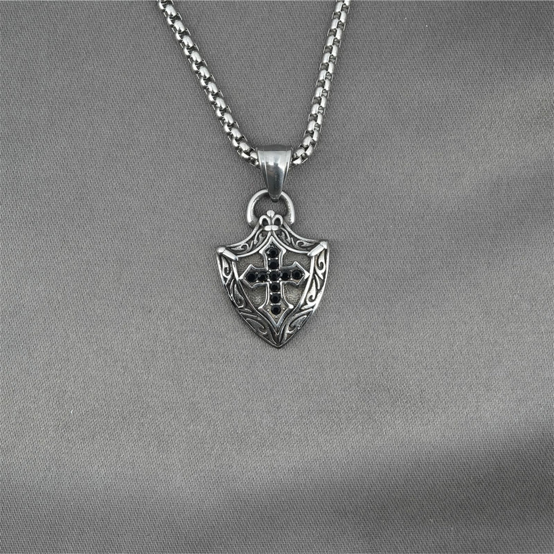 Christianartworkshop Ornate Shield - Shaped Crucifix Necklace with Black Zircons Inlays - image 3