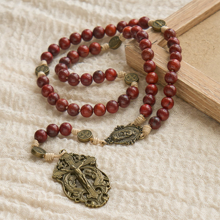 Christianartworkshop Traditional Earth-Red Beads Rosary with Antique Our Lady & St. Benedict: Guarded by Grace - image 4