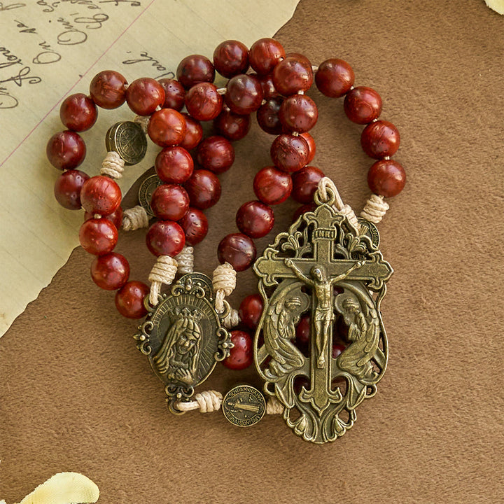Christianartworkshop Traditional Earth-Red Beads Rosary with Antique Our Lady & St. Benedict: Guarded by Grace - image 2