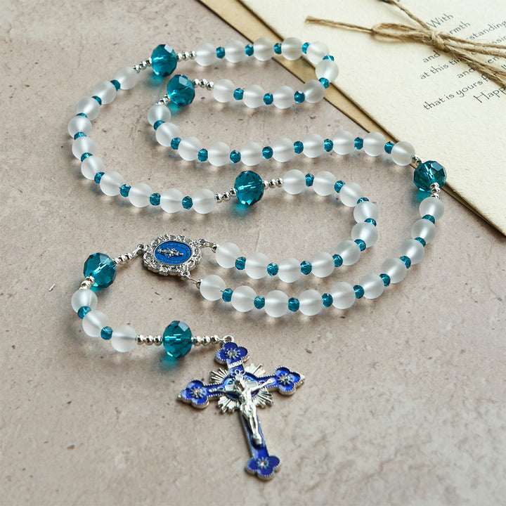 Christianartworkshop Ocean-Blue Style Frosted White Glass Rosary with Crucifix and Our Lady - Our Lady & Crucifix - image 0