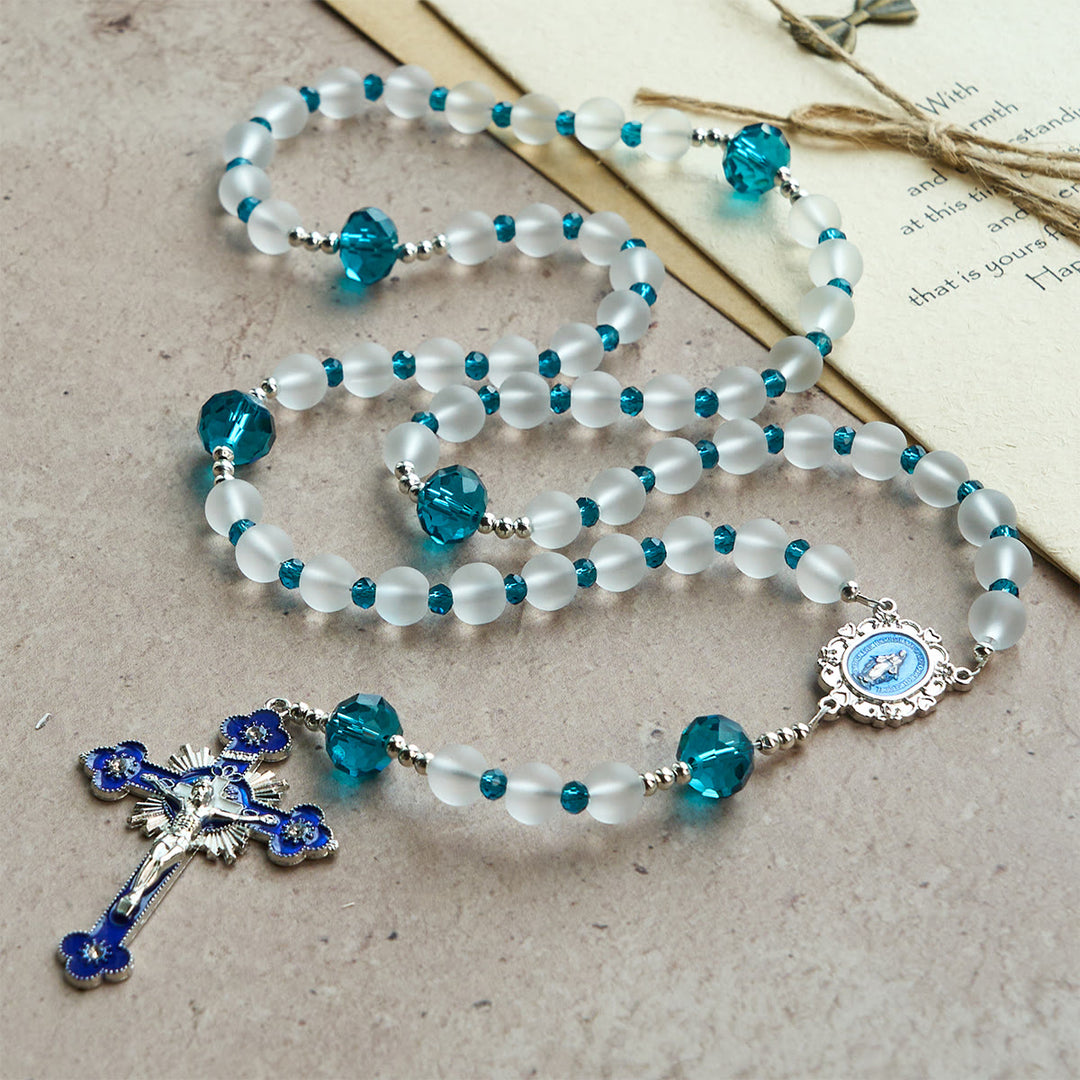Christianartworkshop Ocean-Blue Style Frosted White Glass Rosary with Crucifix and Our Lady - image 3