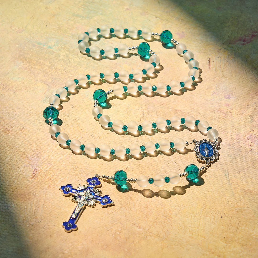 Christianartworkshop Ocean-Blue Style Frosted White Glass Rosary with Crucifix and Our Lady - image 6