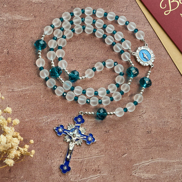Christianartworkshop Ocean-Blue Style Frosted White Glass Rosary with Crucifix and Our Lady - image 5