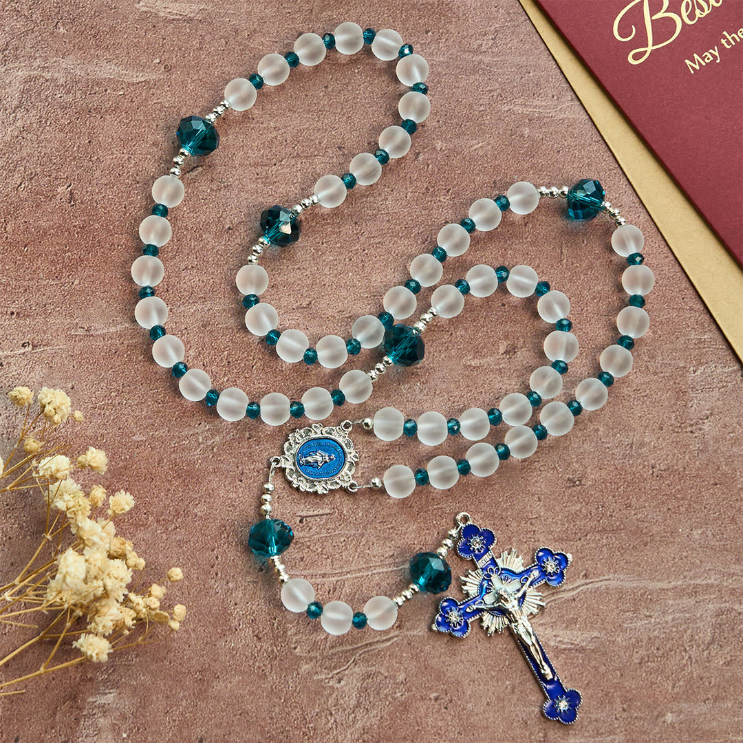Christianartworkshop Ocean-Blue Style Frosted White Glass Rosary with Crucifix and Our Lady - image 4