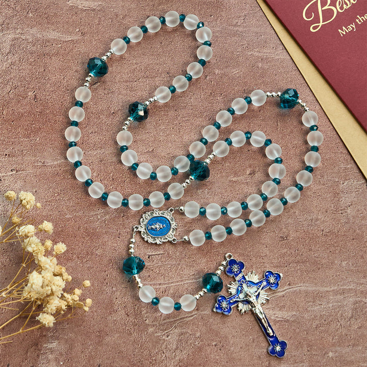 Christianartworkshop Ocean-Blue Style Frosted White Glass Rosary with Crucifix and Our Lady - image 4