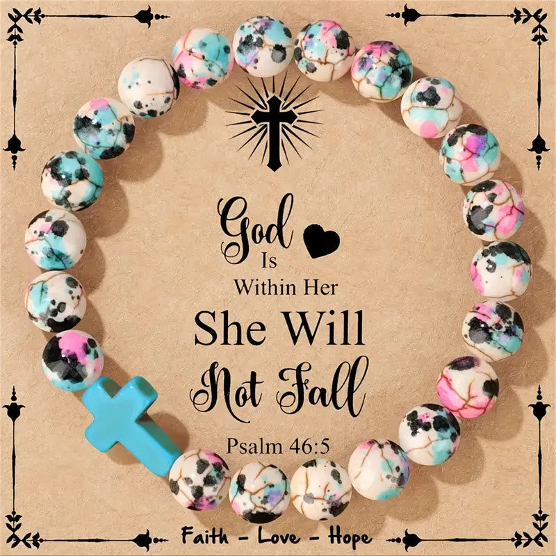 Christianartworkshop Inspirational Psalm 46:5 Cross Bracelet with Colorful Crackle Beads - Wrist Circumference: 7.5''/19cm - image 0