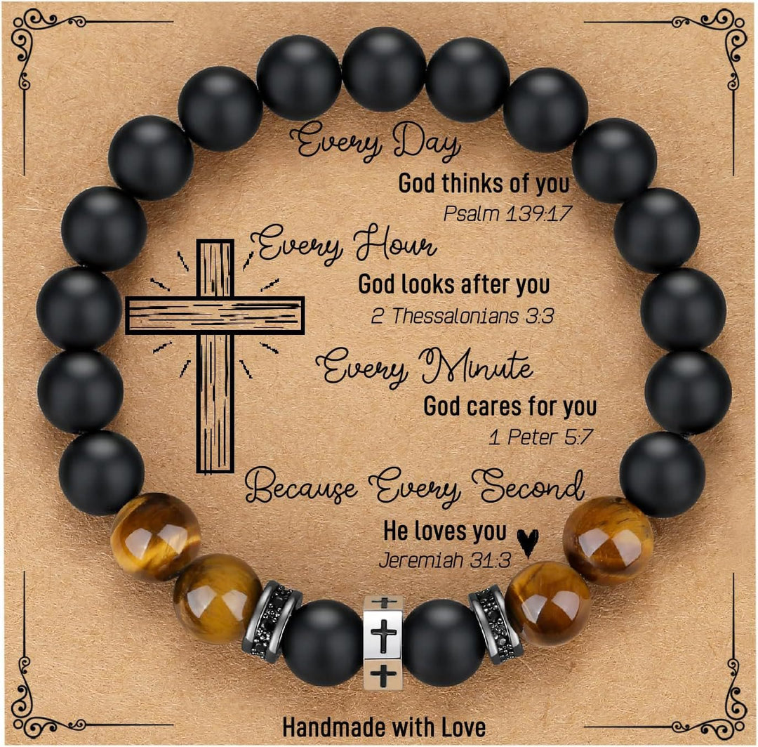 Christianartworkshop Cross Bracelet with Tiger's Eye, Black Onyx & CZ - Accented Stainless Steel - A - image 0