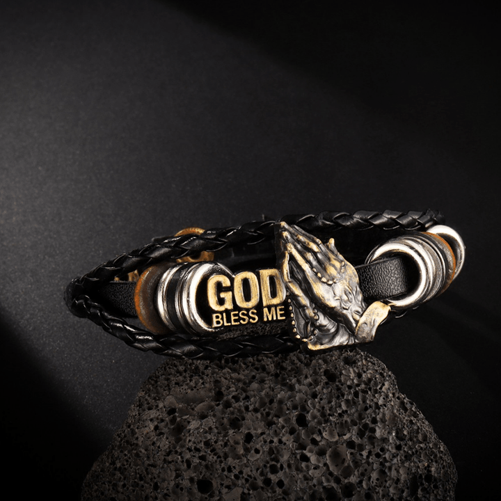 Christianartworkshop Retro - Style Praying Hands Bracelet GOD BLESS ME Black Braided Design - Wrist Circumference: 8.66''/22cm - image 0