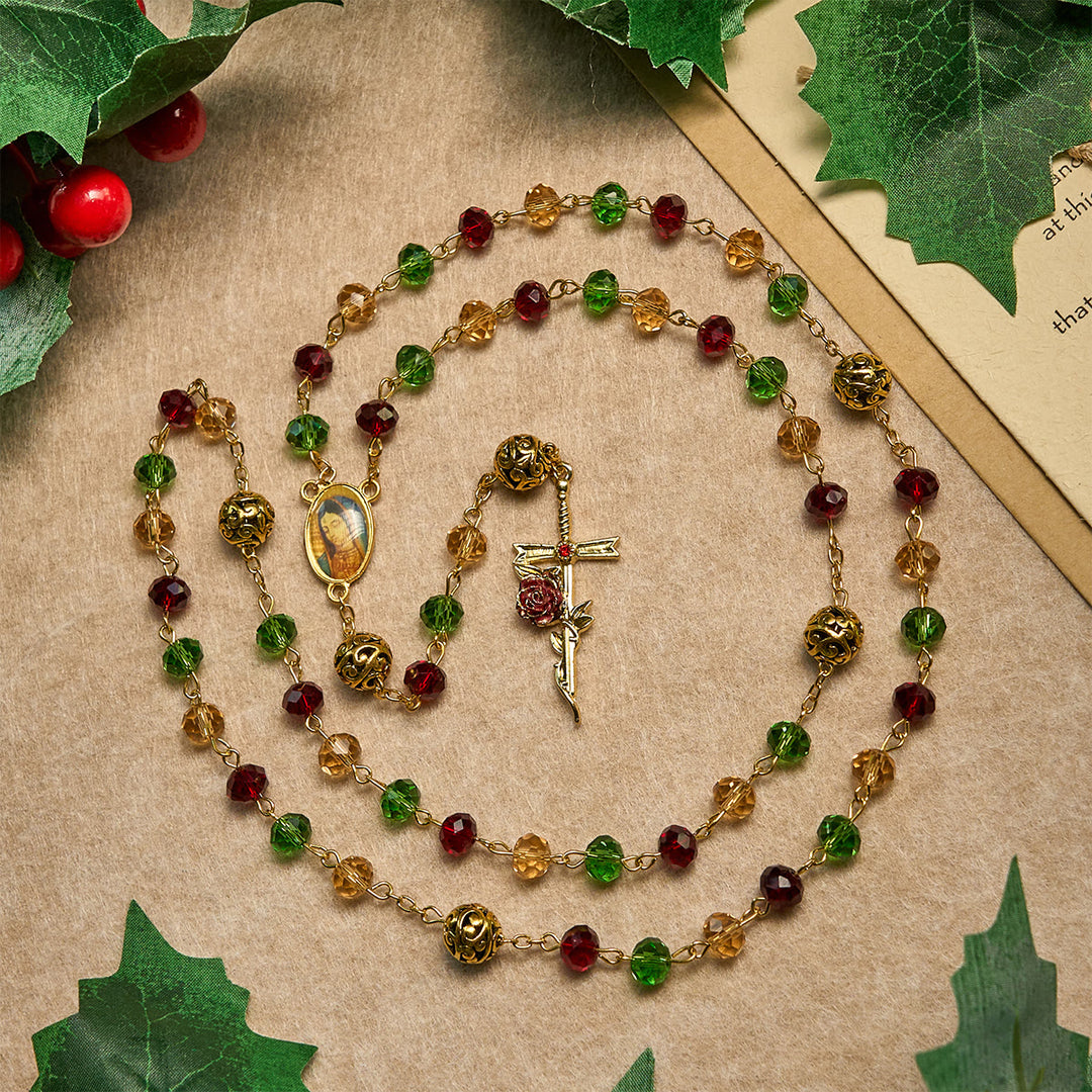 Christianartworkshop Vintage Red Green Faceted Beads Christmas Rosary with Our Lady & Rose Crucifix - Christmas Rosary - image 0