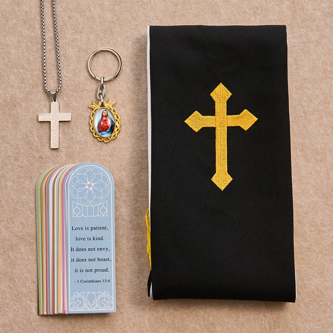 Christianartworkshop Black Golden Cross Blessing Set with Madonna & Scripture Cross: Live in Faith - Silver Necklace - image 4