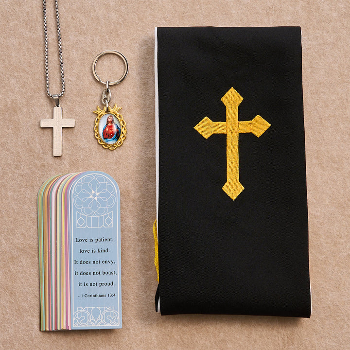 Christianartworkshop Black Golden Cross Blessing Set with Madonna & Scripture Cross: Live in Faith - Silver Necklace - image 4