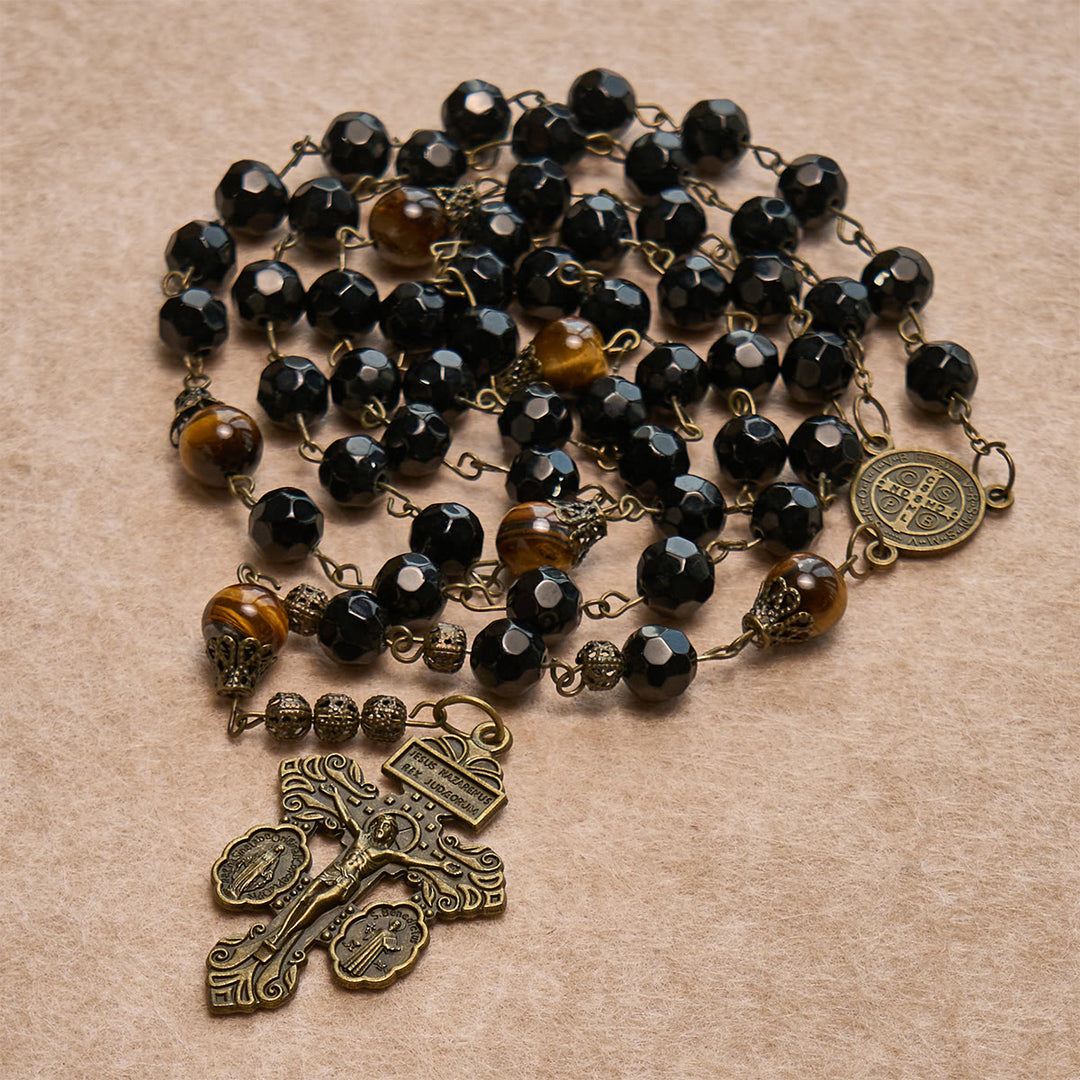 Christianartworkshop Blessing Set: Black Golden Cross Stole & Black Bead Rosary: Love Patiently - image 1