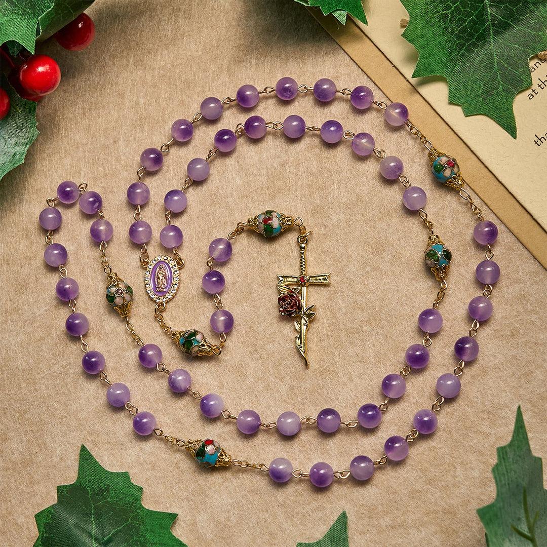 Christianartworkshop Vintage-Style Purple Crystal & Cloisonné Rosary with Floral Cross and Marian Center - Our Lady & Cross - image 0