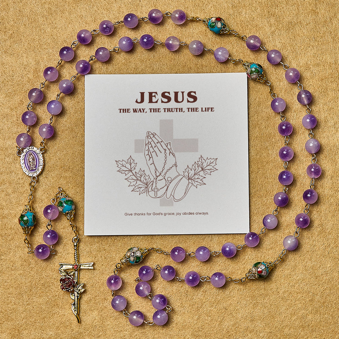 Christianartworkshop Thanksgiving Gift: Vintage-Style Purple Crystal & Cloisonné Rosary with Floral Cross and Marian Center - Rosary with Gift Card - image 0