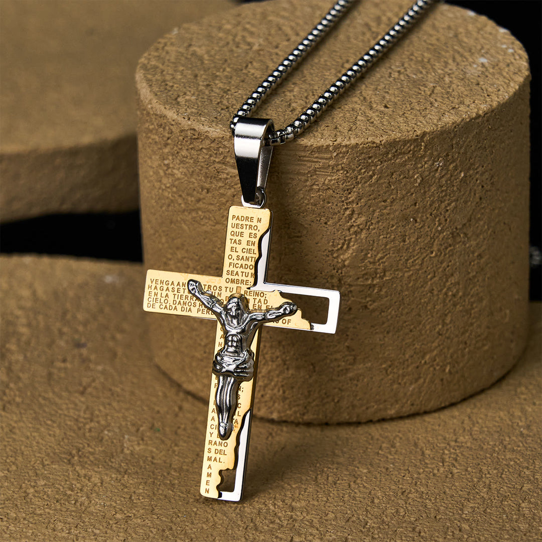 Christianartworkshop Lord's Prayer Inscription with Crucifix Necklace: Guard My Steps - Golden & Silver - image 2